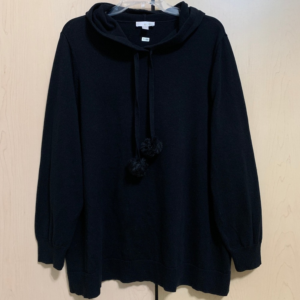 Belle Kim Gravel Womens Hoodie Knit Sweater Faux Fur Pom Pom Drawstring Black 2X